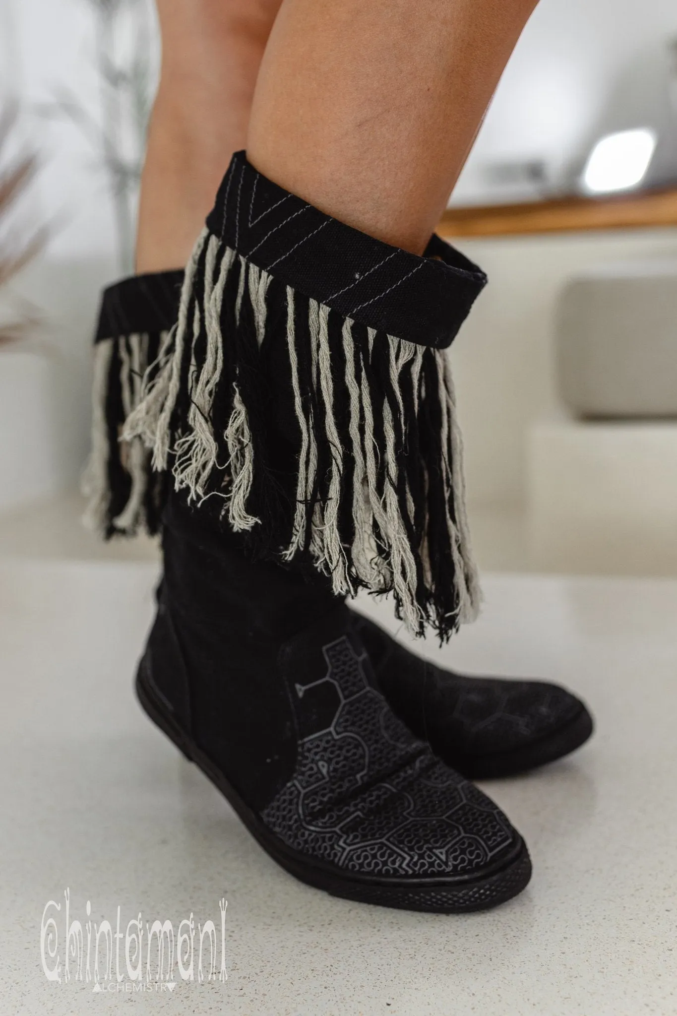 Alma Libra Cotton Canvas Vegan Fringe Boots / Boho High Shoes / Black