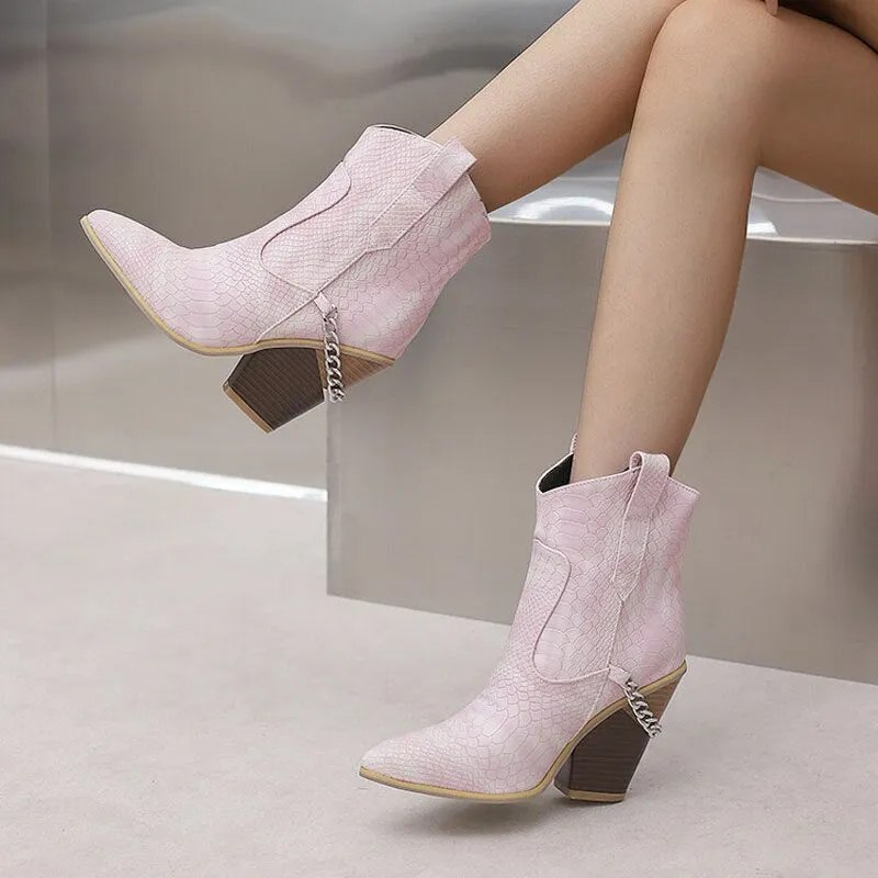 BECKYWALK Chain Design High Heel Ankle Cowboy Boots