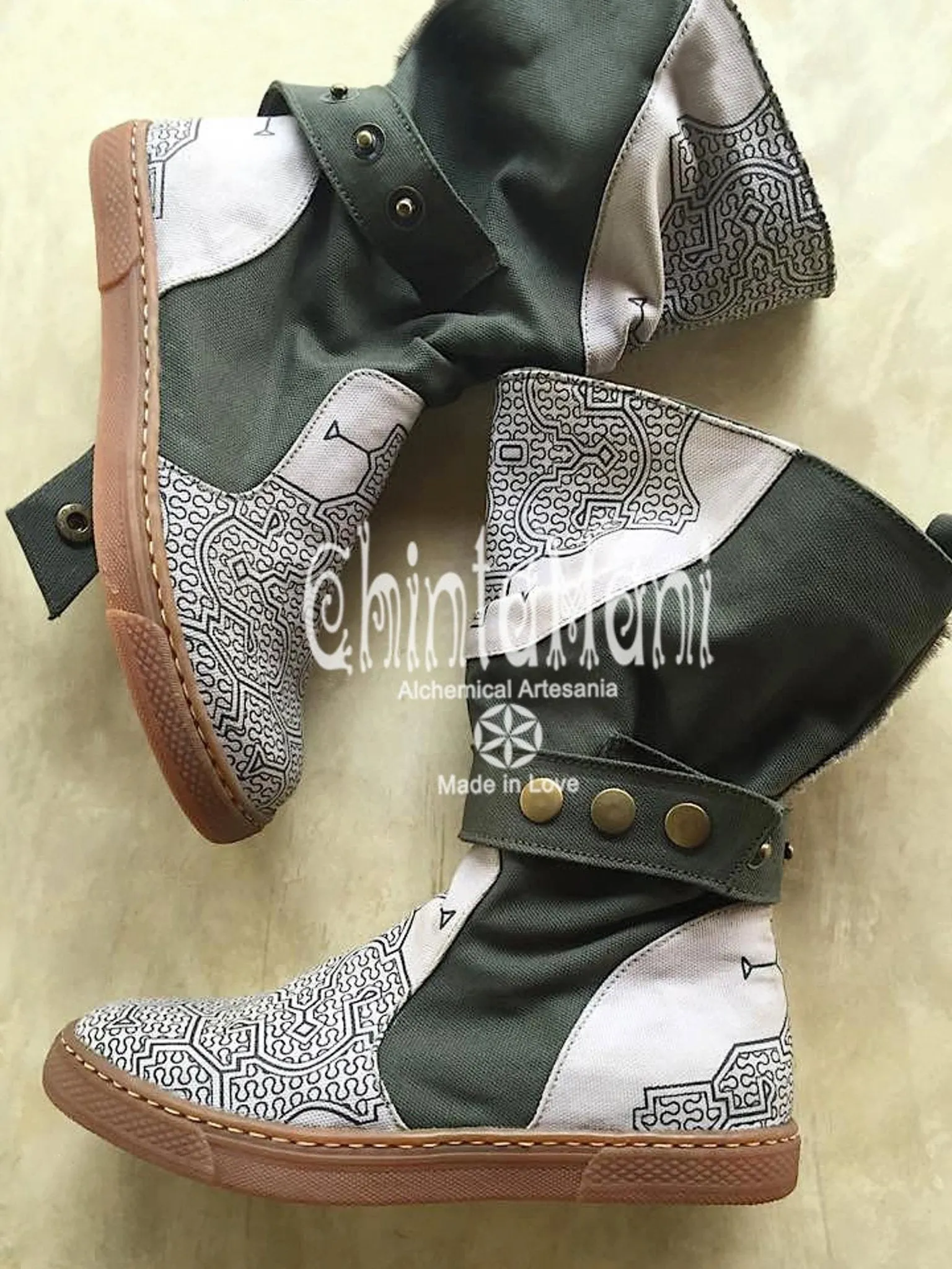 Cotton Canvas Vegan Boots / High Shoes with Shipibo Print / Unisex Grey