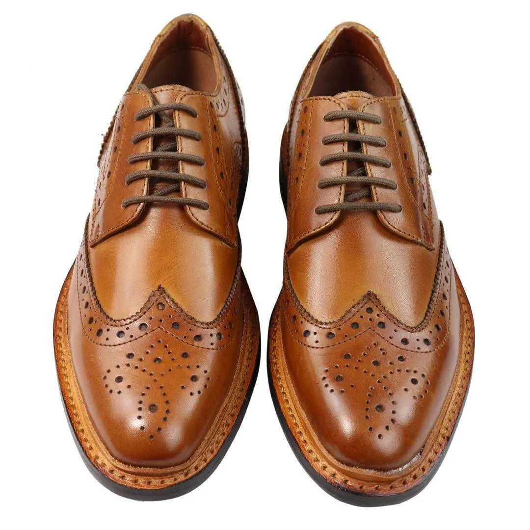 Mens Oxford Brogue Shoes Laced Leather Goodyear Welted Tan Brown Burgundy