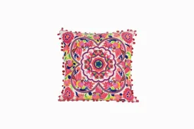 MULTI-COLOURED SQUARE POM POM CUSHION WITH BIRD MOTIF