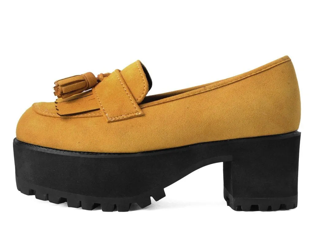 Mustard Faux Suede Fringe Loafer Platform