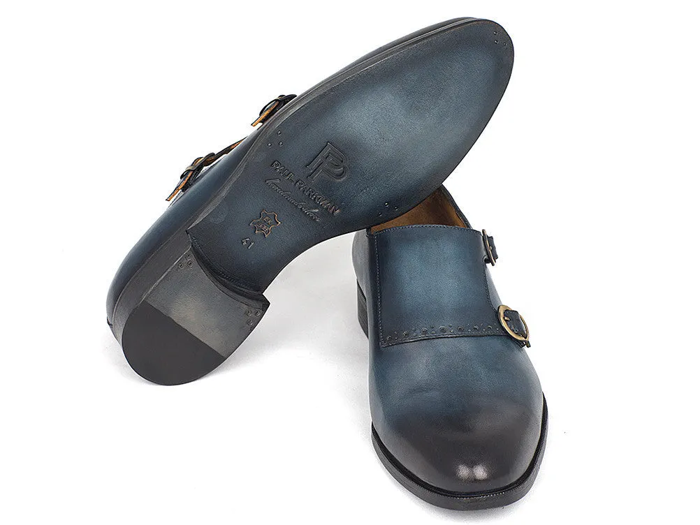 Paul Parkman Hand-Painted Leather Double Monkstrap Shoes in Navy