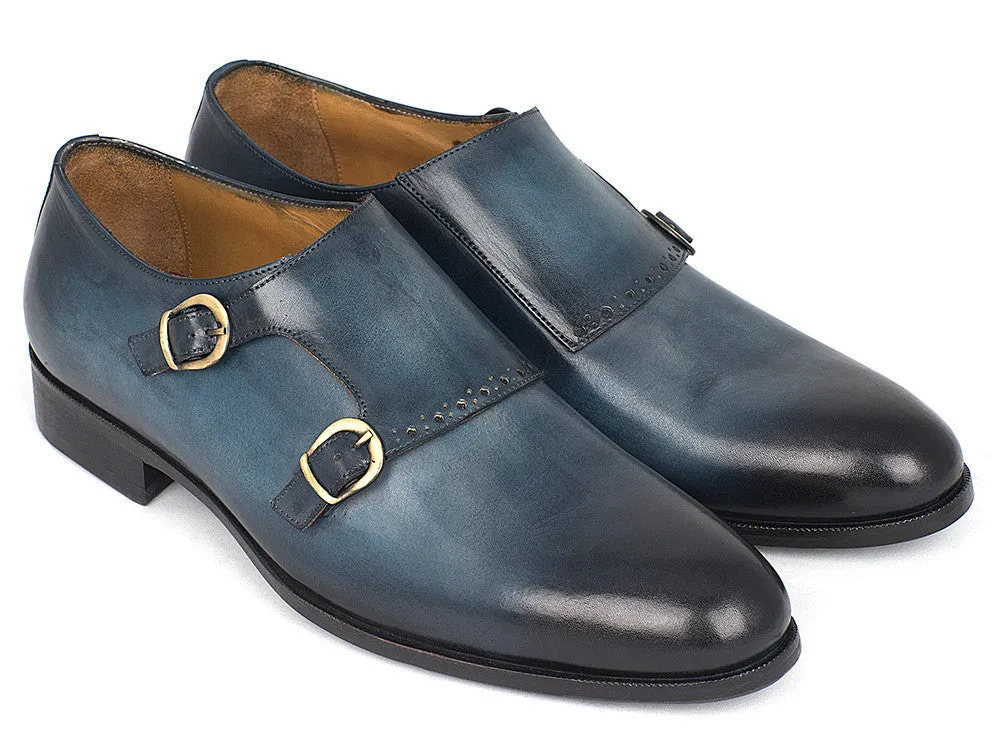 Paul Parkman Hand-Painted Leather Double Monkstrap Shoes in Navy