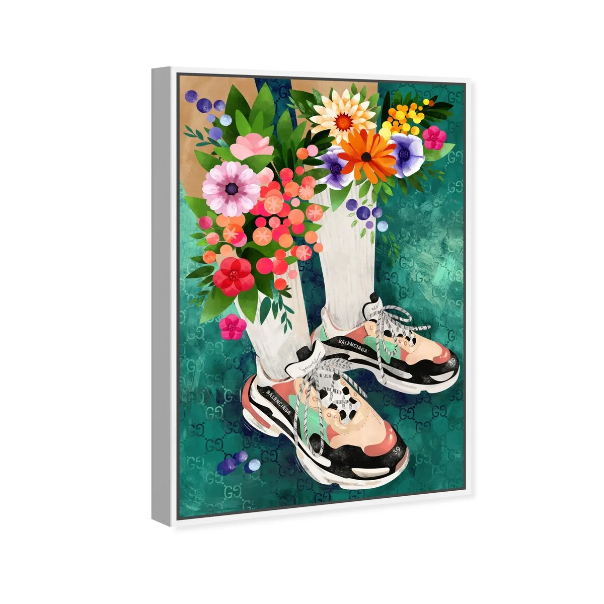 "Blooming Socks and Sneakers", Colorful floral sneaker outfit Modern Green Framed Canvas Wall Art Print for Bedroom