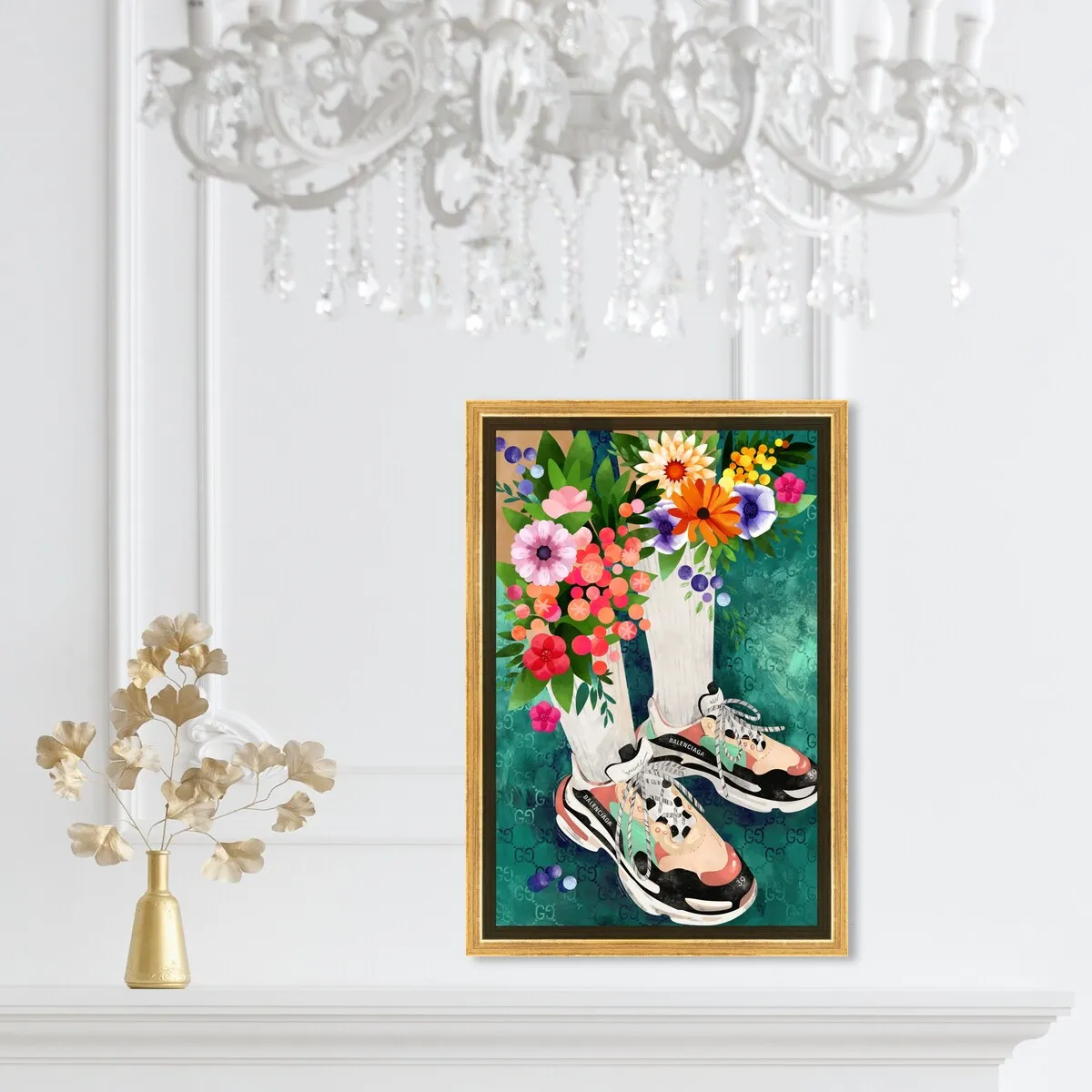 "Blooming Socks and Sneakers", Colorful floral sneaker outfit Modern Green Framed Canvas Wall Art Print for Bedroom