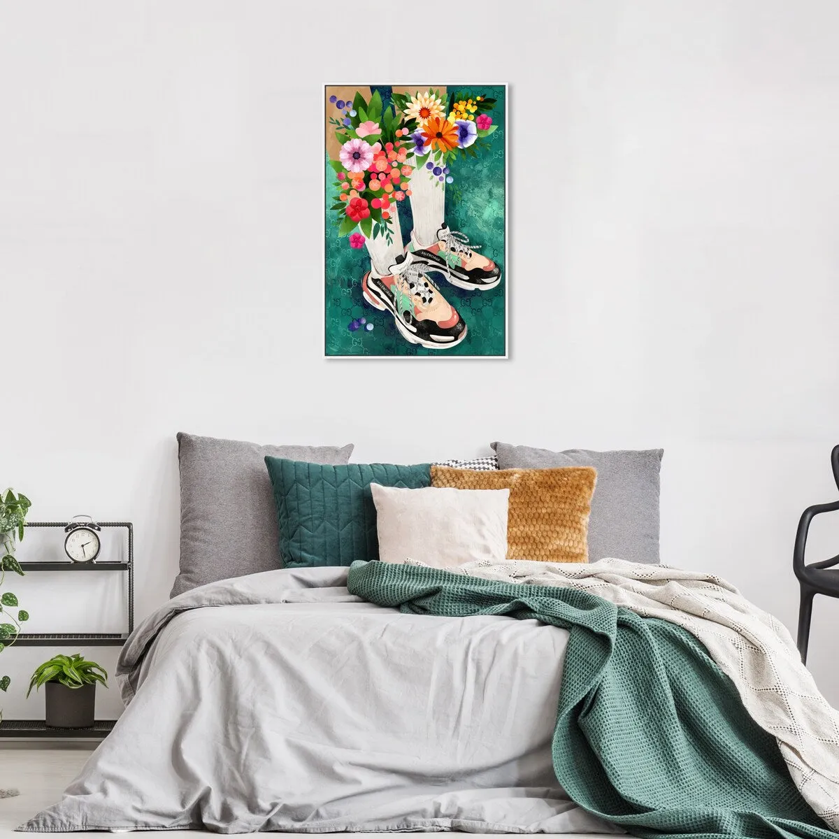 "Blooming Socks and Sneakers", Colorful floral sneaker outfit Modern Green Framed Canvas Wall Art Print for Bedroom