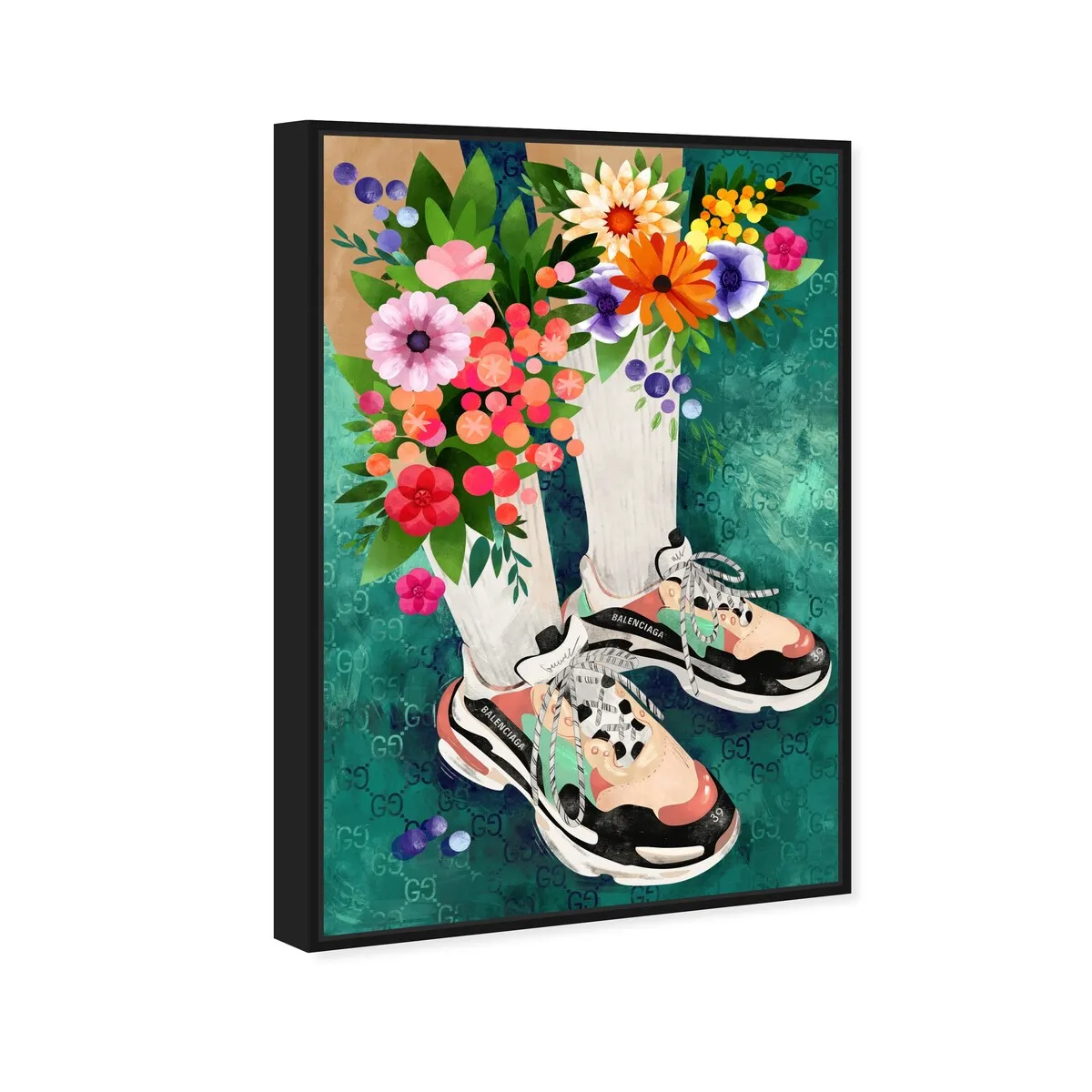 "Blooming Socks and Sneakers", Colorful floral sneaker outfit Modern Green Framed Canvas Wall Art Print for Bedroom