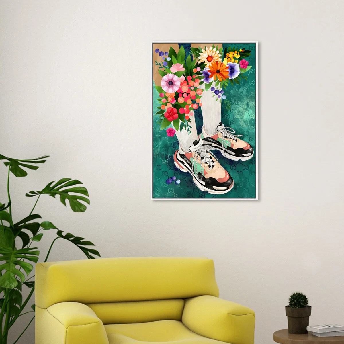 "Blooming Socks and Sneakers", Colorful floral sneaker outfit Modern Green Framed Canvas Wall Art Print for Bedroom