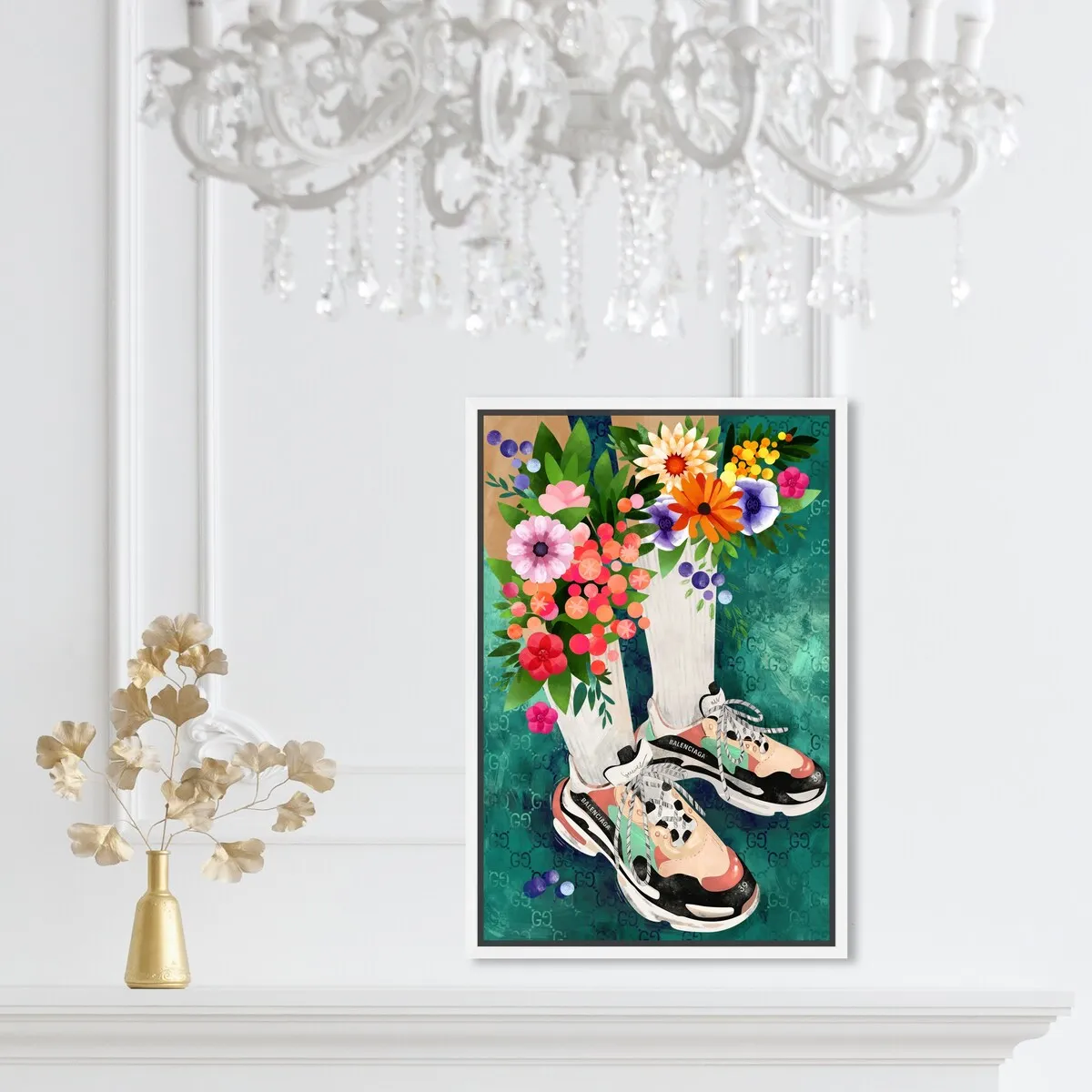 "Blooming Socks and Sneakers", Colorful floral sneaker outfit Modern Green Framed Canvas Wall Art Print for Bedroom