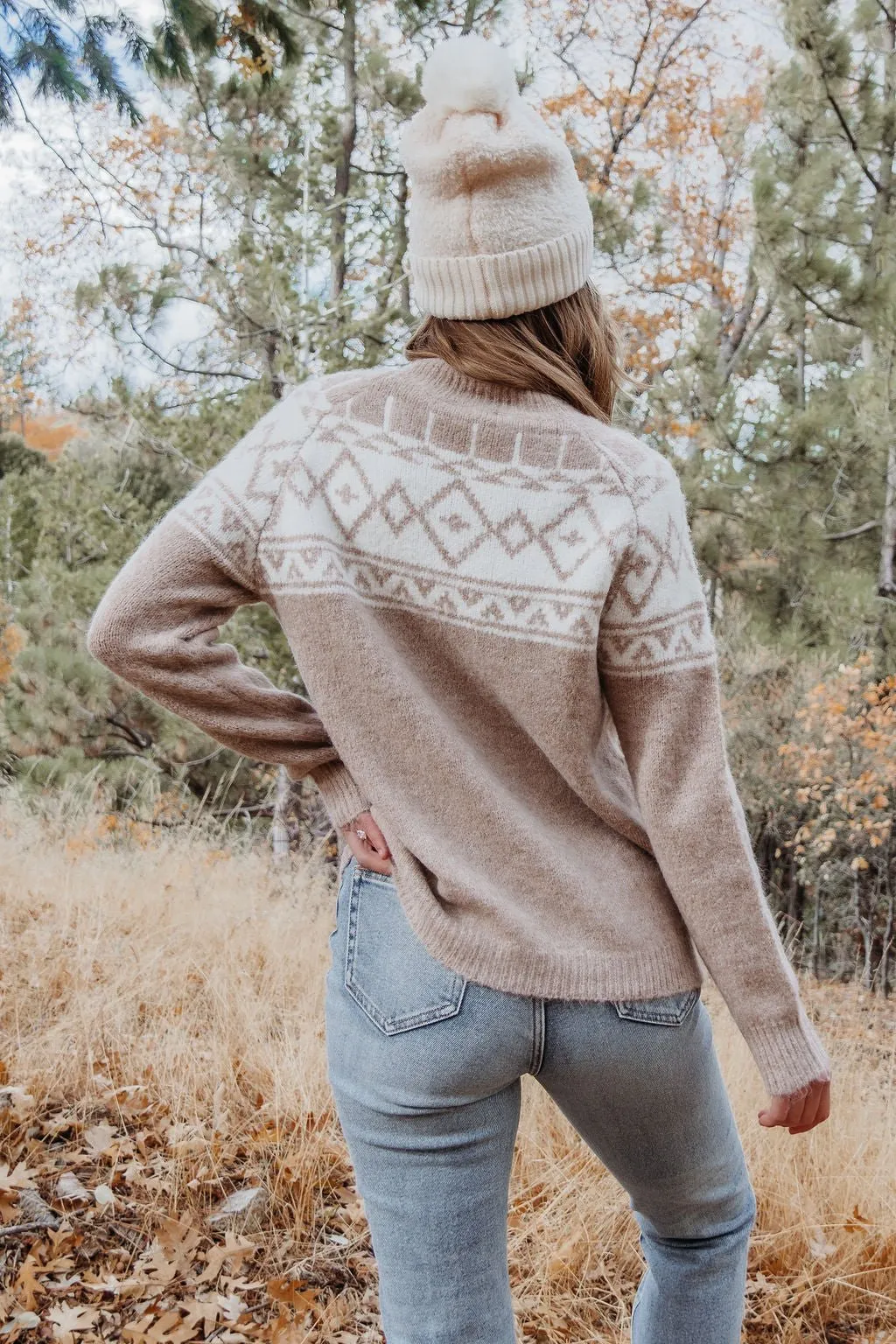 Taupe Aztec Print Mock Neck Sweater